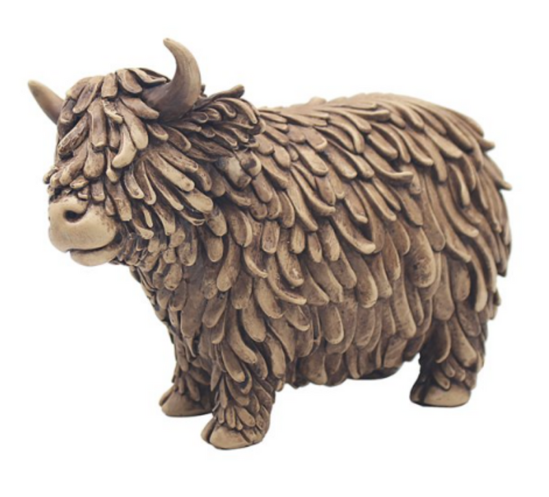 Hughie Highland Cow standing figurine, wood effect ornament by Lesser & Pavey (19cm)