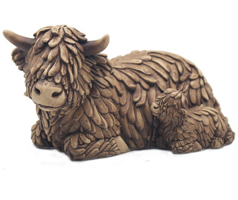 Hughie Highland Cow laying Mother & Calf wood effect ornament by Lesser & Pavey (19cm)