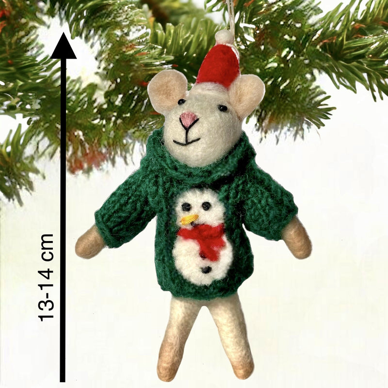 Felt Mouse in hand knit jumper with embroidered snowman hanging Christmas tree decoration, fabulous mouse lover gift, 100% plastic free