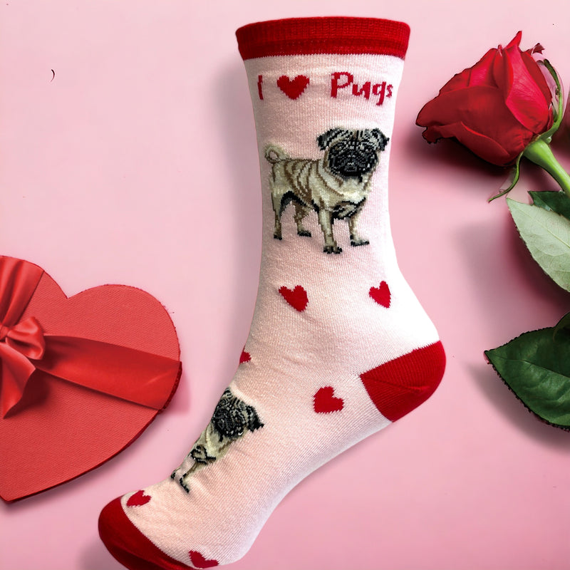Ladies Pug LOVE DOGS socks with cute dog image and hearts design, one size, quality cotton mix, novelty dog lover gift
