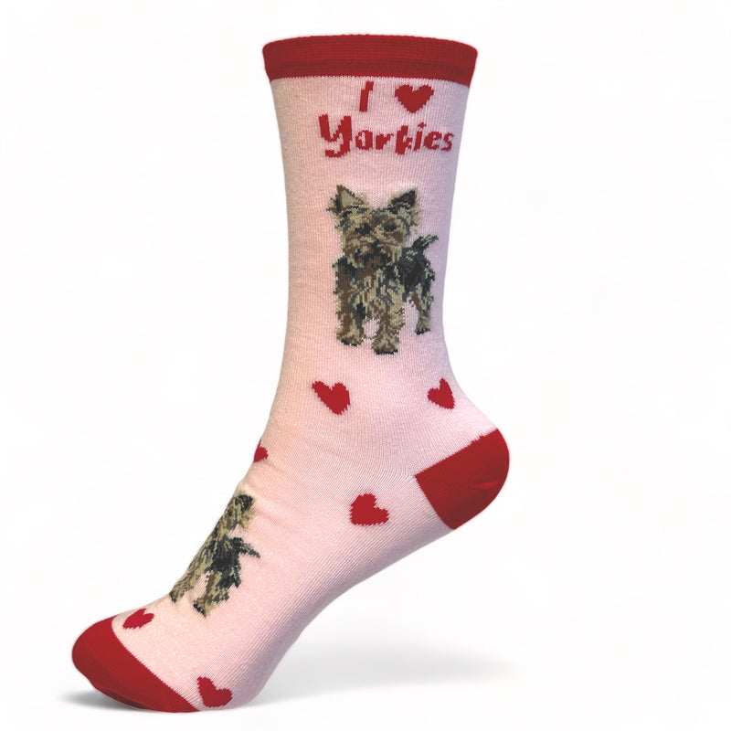 Ladies Yorkshire Terrier LOVE DOGS socks with cute dog image and hearts design, one size, quality cotton mix, novelty dog lover gift