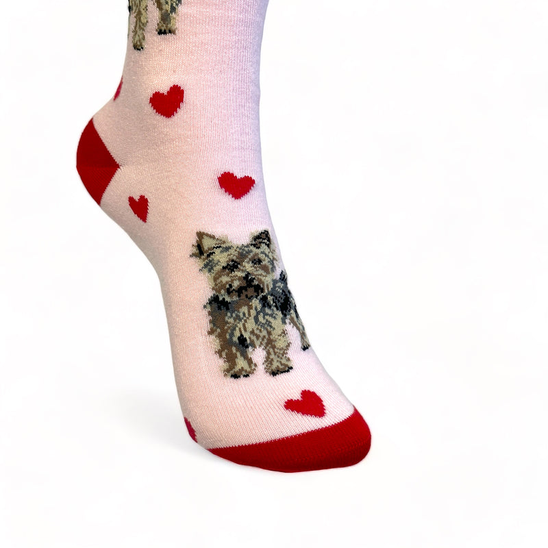 Ladies Yorkshire Terrier LOVE DOGS socks with cute dog image and hearts design, one size, quality cotton mix, novelty dog lover gift