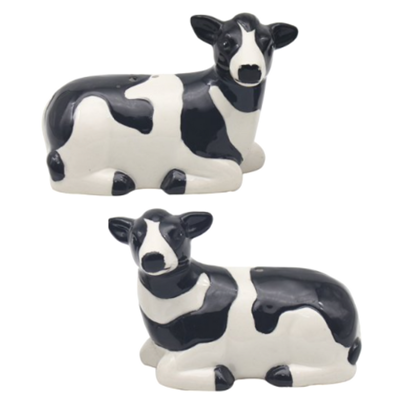 Black & White Cow design ceramic Salt & Pepper cruet set by Lesser & Pavey, boxed