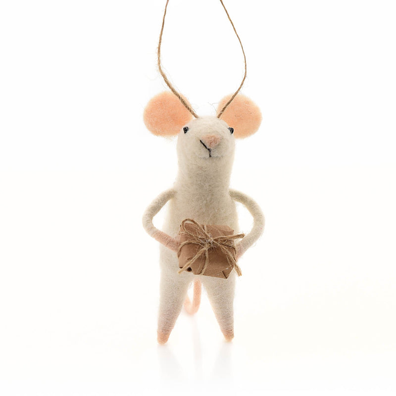Felt Mouse Xmas Tree Decoration, mouse carrying Christmas present