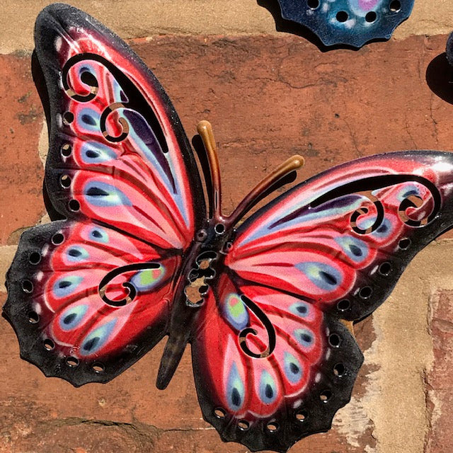 3x 16cm colourful (Red, Blue and Pink) Metal Butterflies, indoor or garden decoration