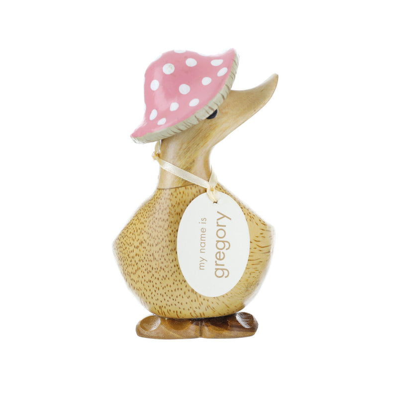DCUK 'Toadstool Folk' natural wood Ducky in Spotty Hat, with name tag