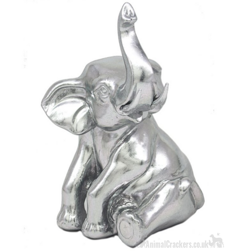 Lesser & Pavey 'Silver Art' heavy resin silver effect Sitting Elephant figurine ornament, Cat lover gift