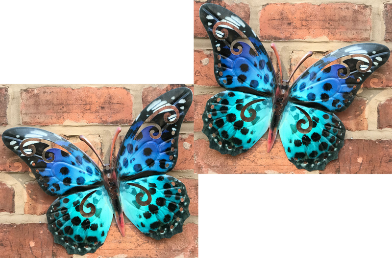 SET OF 2 Large (35cm) Blue and Green metal Butterfly garden ornaments