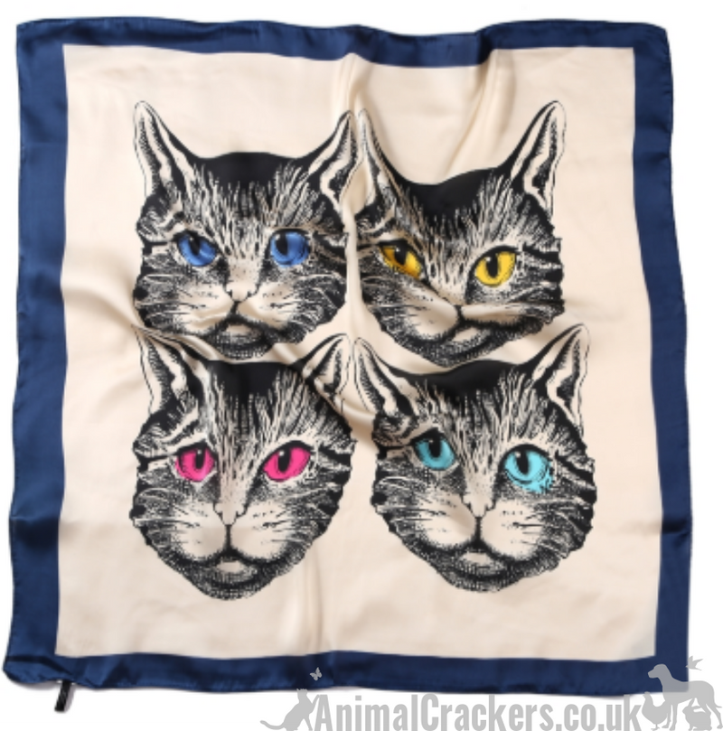 Striking Cat Face print lightweight silk mix scarf headscarf neckerchief, great Cat lover gift