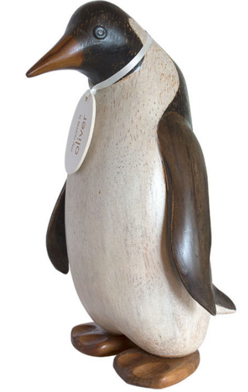 DCUK large (20cm) Emperor Penguin made from hand crafted wood, with name tag