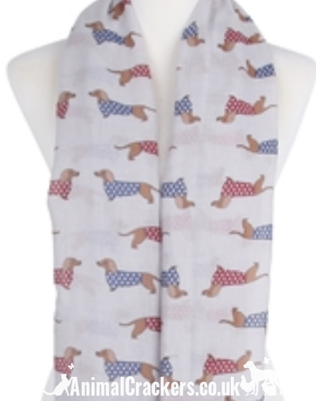 Ladies lightweight Dachshund in spotted coat print Scarf Sarong in choice of colours, great Sausage Dog lover gift!