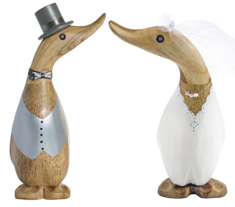 DCUK Bride & Groom Ducklings in wedding attire, with name tag