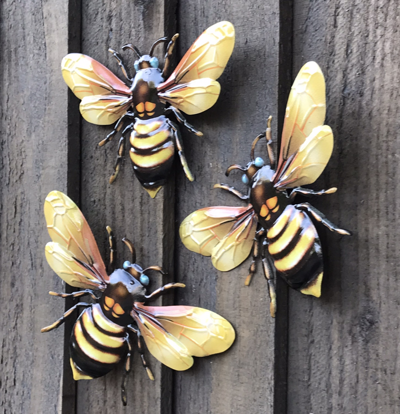 3 x YELLOW 18cm Metal Bees, bright colour garden decoration novelty  Bee lover gift