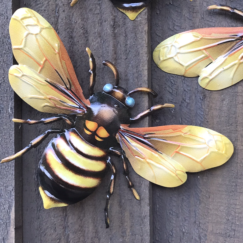 3 x YELLOW 18cm Metal Bees, bright colour garden decoration novelty  Bee lover gift
