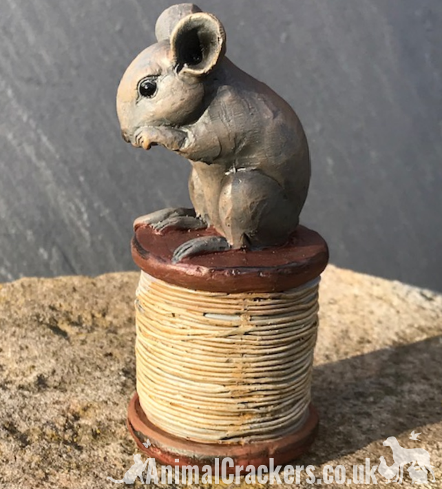 SET OF 2 old antique effect mice ornaments, one on a reel, one on a ball of string, great sewing fan or mouse lover gift
