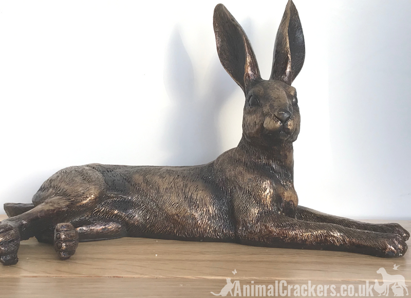 Large 25cm Bronze effect laying Hare ornament figurine, great hare lover gift