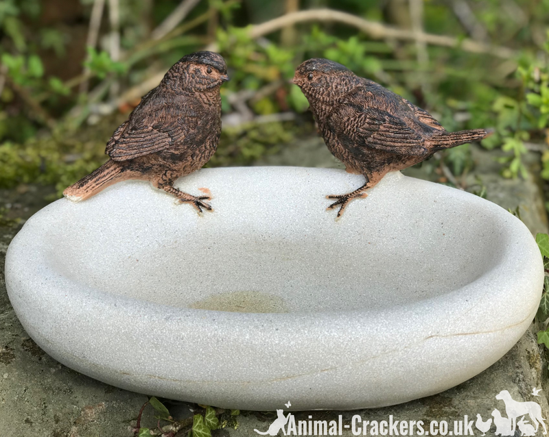 Bird Bath or feeder, aged stone effect bowl with 2 decorative bronze effect wrens. Ideal bird lover gift!