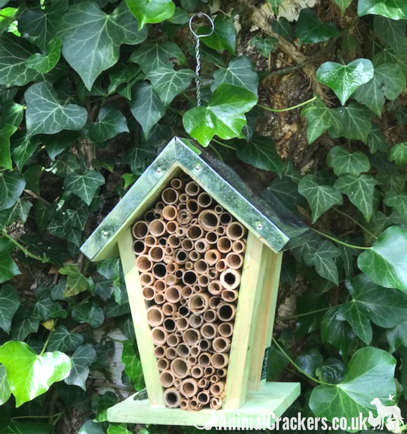 Bee nest House in chunky wood with bamboo shoots & tin roof, easy hang, great Bee & Insect lover gift