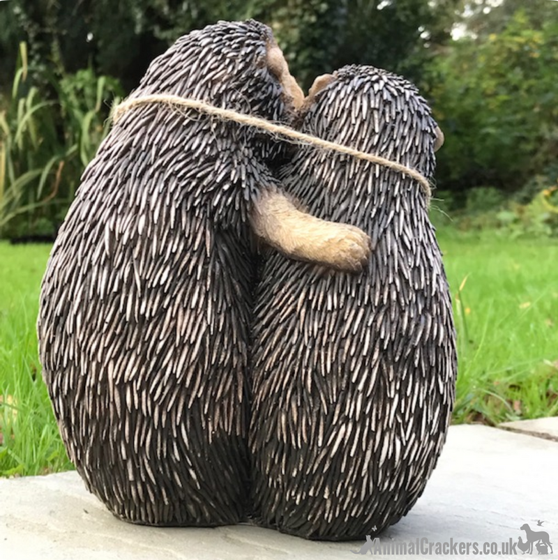 Holly & Harry Hugging Hedgehogs with removable Hedge-Hugs sign garden ornament decoration, novelty Hedgehog lover gift