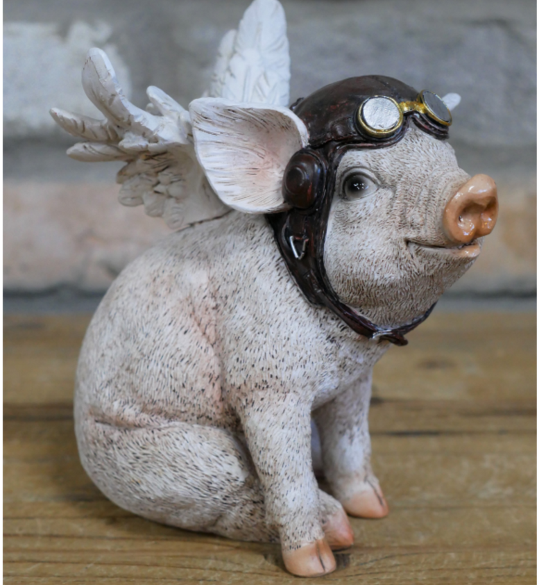 Flying Angel Pig wearing Pilot hat & goggles ornament, novelty Pig lover gift