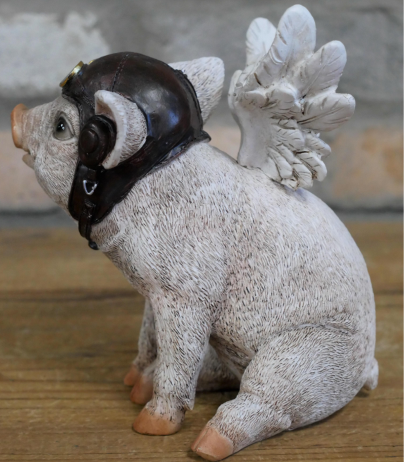 Flying Angel Pig wearing Pilot hat & goggles ornament, novelty Pig lover gift