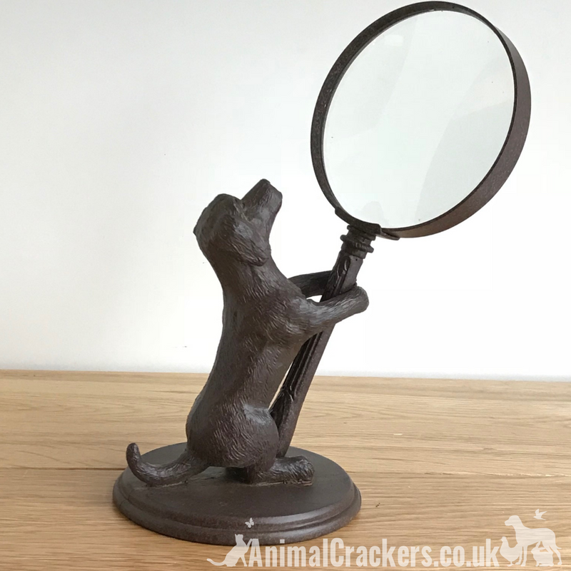 Bronze effect Dog holding magnifying glass ornament sculpture dog lover gift