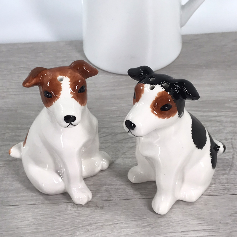 Jack Russell Terrier design ceramic Salt & Pepper cruet set by Lesser & Pavey, boxed