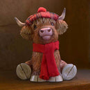 Sitting Highland Cow with Fabric Hat And Scarf, Height 11.5cm, Gift Boxed