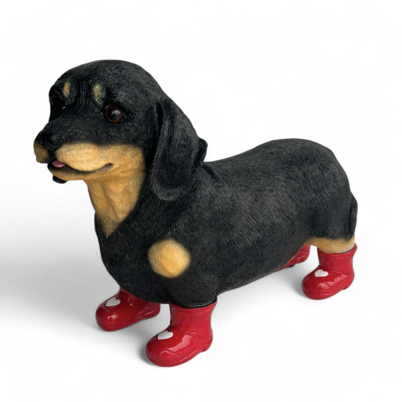 SPECIAL 'LOVE DOGS' EDITION Dachshund in Red Wellington Boots WITH HEARTS 'Welly Dog' figurine Valentine's Gift (25cm)