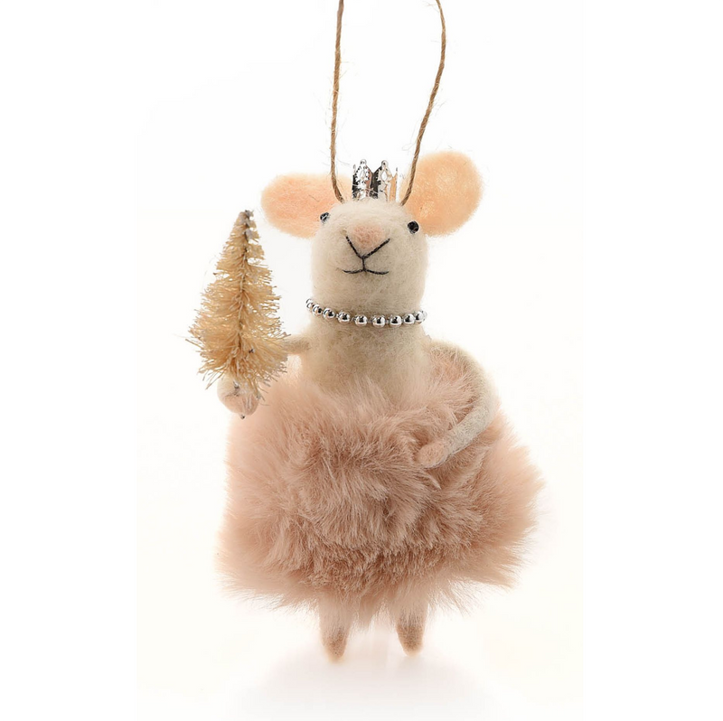 TWO Felt mouse tree decorations, both dressed in Pink Faux Fur, one holding a gift, one carrying a tree, great novelty mouse lover gift