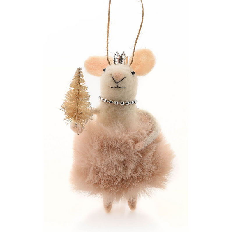 Felt mouse tree decoration, mouse wearing Pink Faux Fur coat holding a gold tree, great novelty mouse lover gift