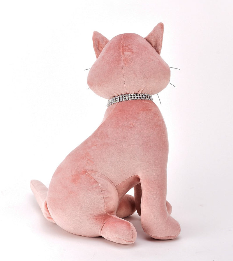 Cat doorstop in Pink faux suede with sparkly diamante collar, heavy & plush, great novelty Cat lover gift