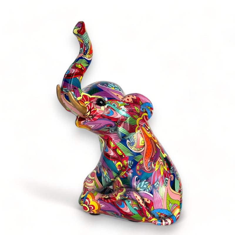 GROOVY ART bright coloured sitting Elephant ornament figurine, safari animal lover gift, 26cm