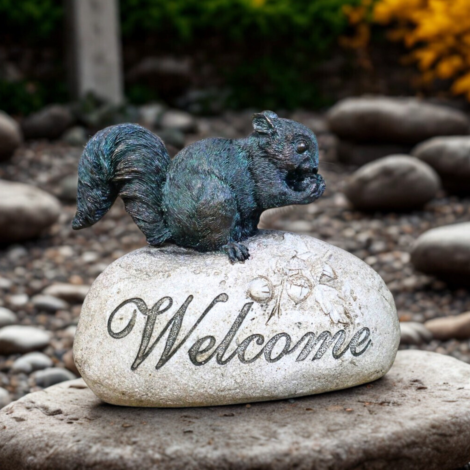 Squirrel Welcome sign bronze and stone effect garden ornament, 14cm