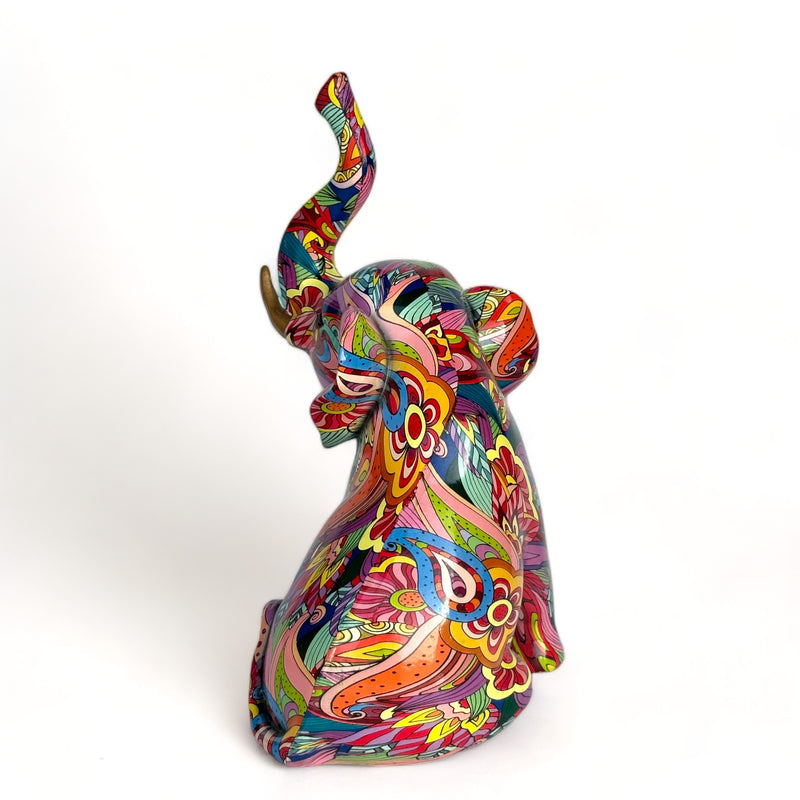 GROOVY ART bright coloured sitting Elephant ornament figurine, safari animal lover gift, 26cm