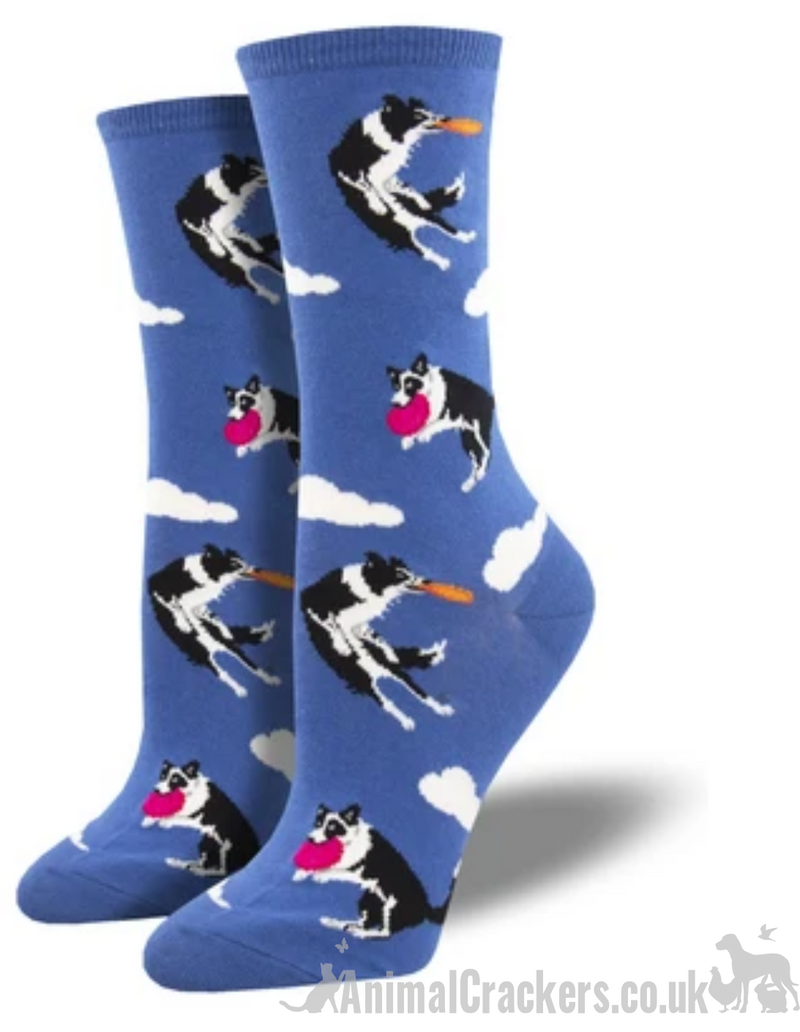 Womens Socksmith 'Catch Your Drift' socks Border Collie catching frisbee design, quality Dog lover gift