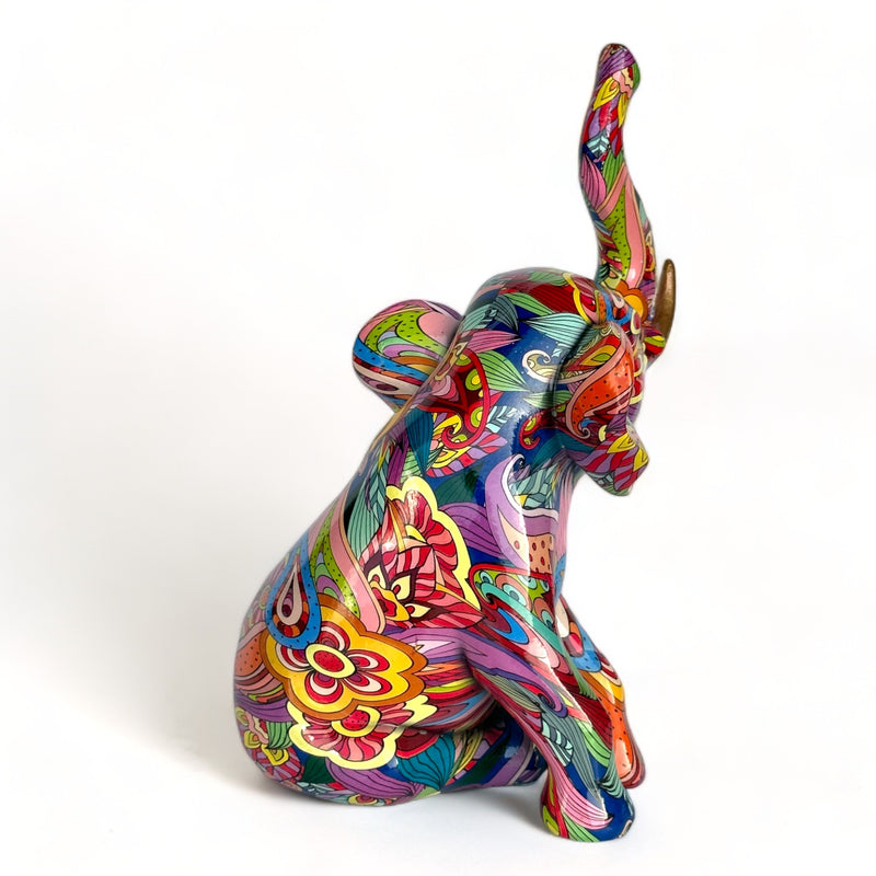 GROOVY ART bright coloured sitting Elephant ornament figurine, safari animal lover gift, 26cm