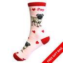 Pug socks with cute dog image and I love Pugs wording, with FREE GIFT BAG