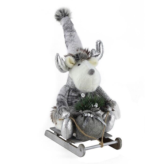 Plush grey white & silver Reindeer on Sleigh festive Christmas home decoration