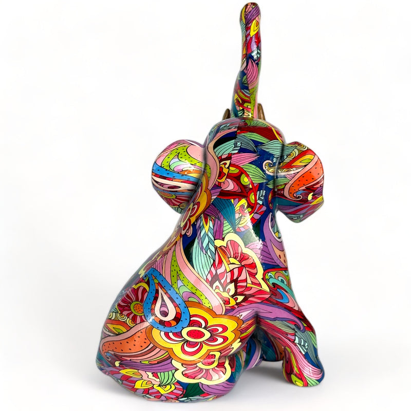 GROOVY ART bright coloured sitting Elephant ornament figurine, safari animal lover gift, 26cm