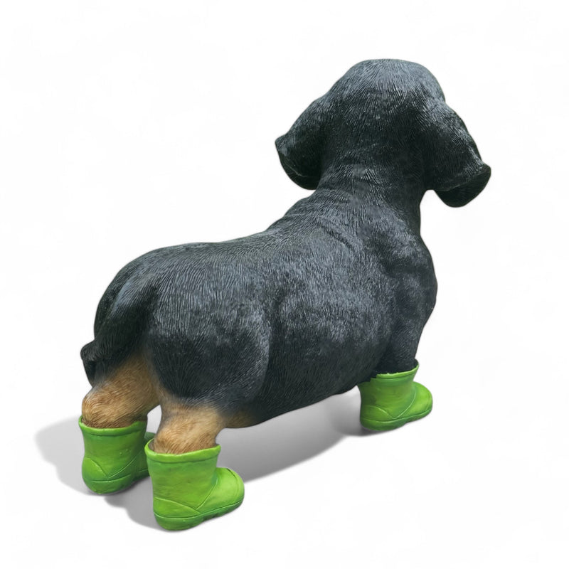 Large Dachshund in bright green Wellington Boots 'Welly Dog' figurine home or garden decoration (25cm)