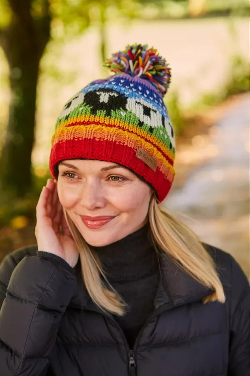 Pachamama Black Sheep Roll Back Bobble Beanie Rainbow
