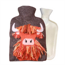Pachamama Highland Cow Design Hot Water Bottle, felted wool cover with bottle