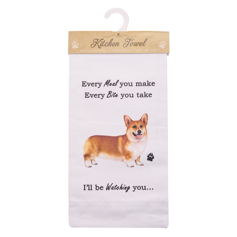 Novelty Tea Towel, with Dog Breed image and 'Watching you' funny wording, quality cotton, 66cm, machine washable (Corgi)