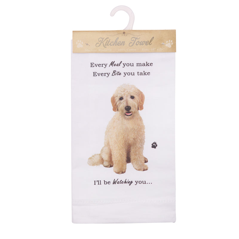 Novelty Tea Towel, with Dog Breed image and 'Watching you' funny wording, quality cotton, 66cm, machine washable (Goldendoodle)