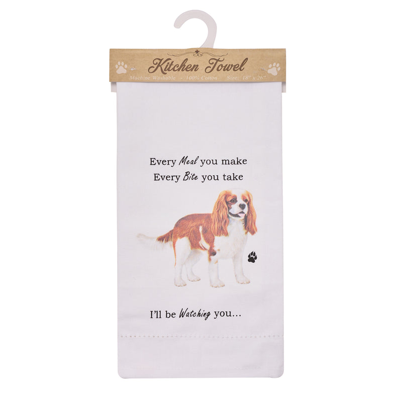 Novelty Tea Towel, with Dog Breed image and 'Watching you' funny wording, quality cotton, 66cm, machine washable (King Charles Spaniel)