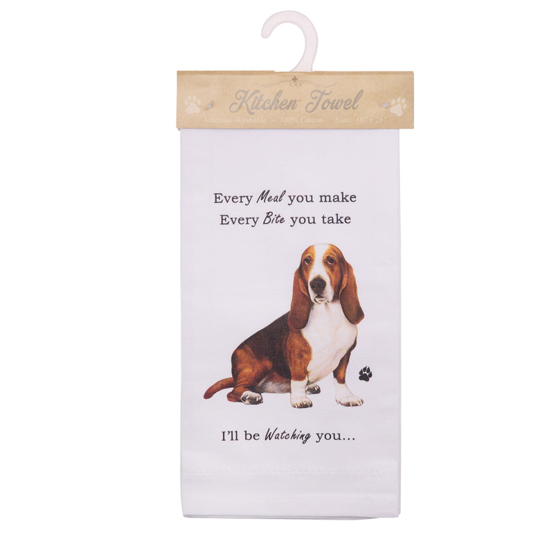 Novelty Tea Towel, with Dog Breed image and 'Watching you' funny wording, quality cotton, 66cm, machine washable (Basset Hound)