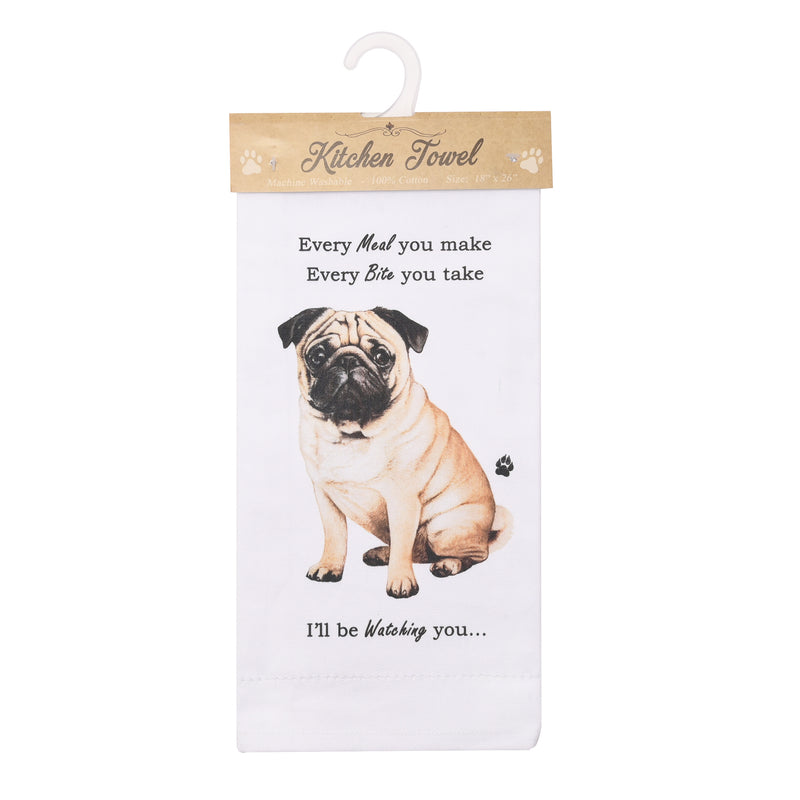 Novelty Tea Towel, with Dog Breed image and 'Watching you' funny wording, quality cotton, 66cm, machine washable (Pug)