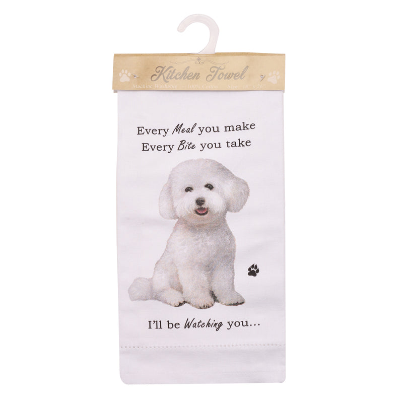 Novelty Tea Towel, with Dog Breed image and 'Watching you' funny wording, quality cotton, 66cm, machine washable (Bichon Frise)