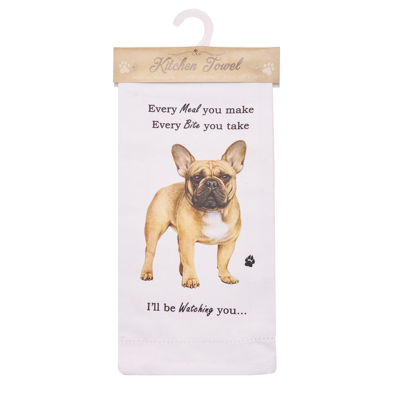 Novelty Tea Towel, with Dog Breed image and 'Watching you' funny wording, quality cotton, 66cm, machine washable (French Bulldog)